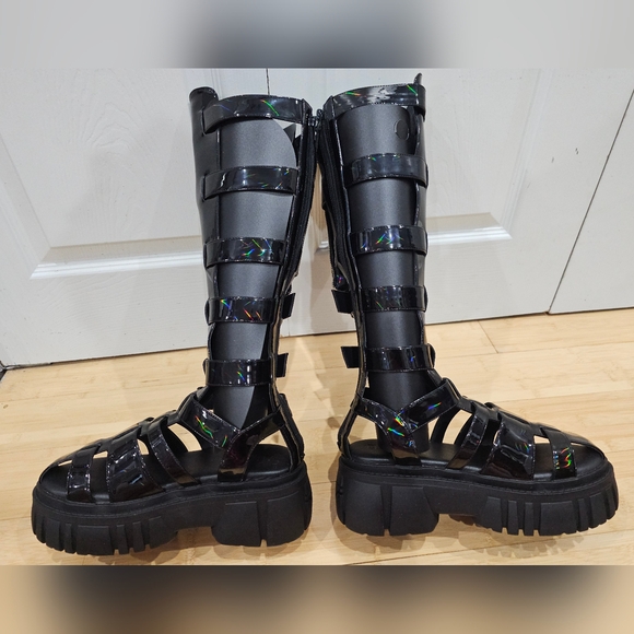 Dolls kill Holographic Oil slick black Club Exx Stage Diver Gladiator Sandals 9 - Picture 10 of 16